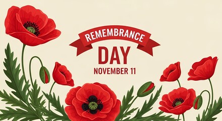 Commemorative design featuring vibrant red poppies and symbolic text for Remembrance Day, November 11, honoring veterans and their profound sacrifice, suitable for patriotic themes