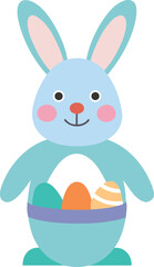 Cute cartoon Easter bunny holding a basket filled with colorful decorated eggs