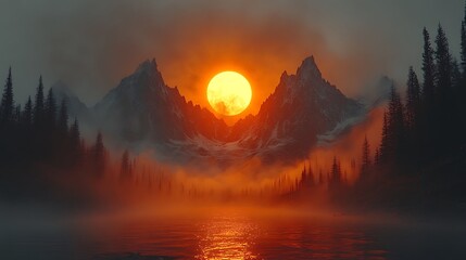 Orange sunset over misty mountains