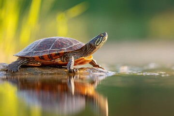 Fototapeta premium Turtle Basking by a Pond