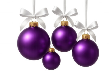 Obraz premium Hanging purple christmas baubles with white ribbons, creating festive holiday decoration and celebration