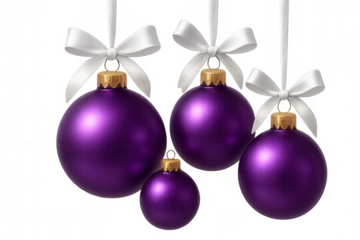 Hanging purple christmas baubles with white ribbons, creating festive holiday decoration and celebration