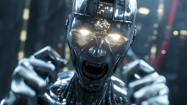 A hyper-realistic cyberpunk robot with a glitching pixelated face and manic hand gestures, set against a minimal neon background, showcases disturbing and surreal details