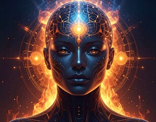 Fiery, futuristic woman's head