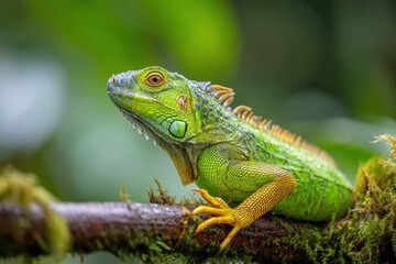 Fototapeta premium Beautiful iguana on blurred green background