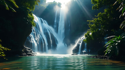 Majestic Jungle Waterfall with Mist and Sun Rays