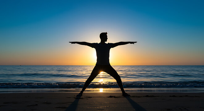 Silhouette of man practicing yoga pose at dawn on the beach by the ocean - yoga on the morning beach
