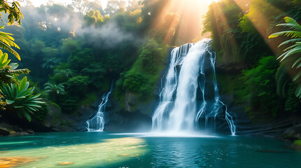 Majestic Jungle Waterfall with Mist and Sun Rays
