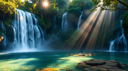 Majestic Jungle Waterfall with Mist and Sun Rays