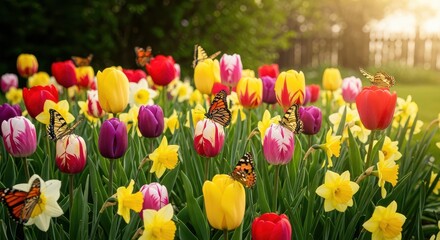 Fototapeta premium Tulips and butterflies springtime garden