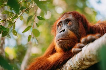 Fototapeta premium Young orangutan resting on a tree branch