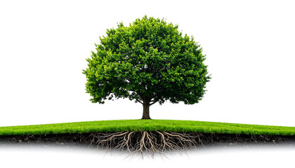 Lush green tree with full canopy on grassy mound, exposed root system below, isolated on white background.