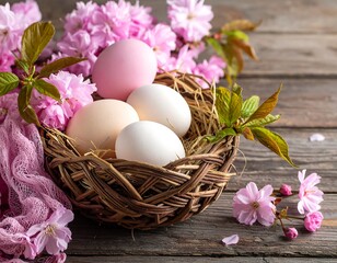 Easter eggs in a nest with cherry blossoms