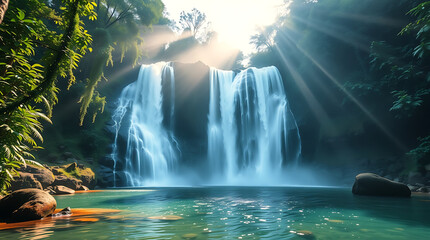 Majestic Jungle Waterfall with Mist and Sun Rays