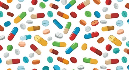 Colorful medication pills assortment on a white background health concept