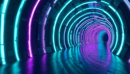Neon circular tunnel glowing pink and cyan with reflective floor