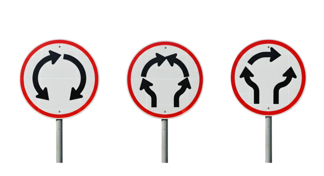 A set of 3 roundabout traffic signs isolated on white background, road safety symbol collection for driving instruction, transportation design, highway signage, regulatory warning and navigation conce