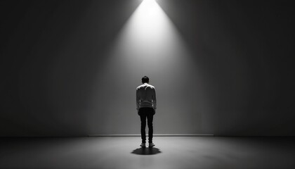 Person standing alone in an empty space with head bowed under a spotlight, mood of vulnerability and self-reflection