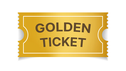 Golden ticket vector illustration, gold coupon or discount tag mockup isolated on white background, cinema concert theater party festival event invitation entrance pass design
