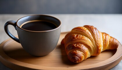 Morning Coffee And Croissant A Dark Rich Coffee Expertly Brewed Rests In A Stylish Grey Mug Paired With A Golden Flaky Croissant On A Natural Wooden Plate Creating A Classic Breakfast Scene