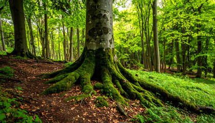 Majestic tree with sprawling roots and sunlit canopy in lush green landscape with dappled light and shadows.