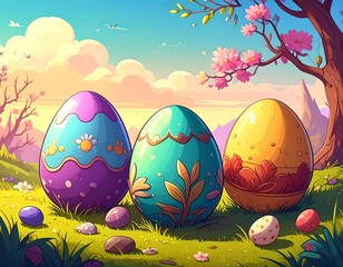Easter eggs in a spring landscape