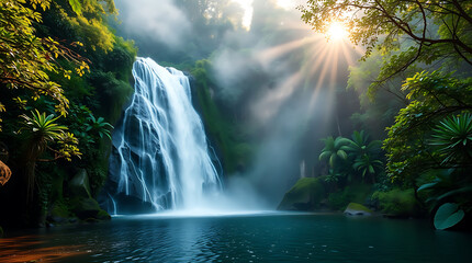 Majestic Jungle Waterfall with Mist and Sun Rays