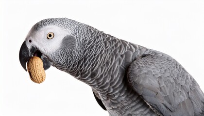 Obraz premium African Gray Parrot Psittacus Erithacus Eating A Peanut Isolated On White Background