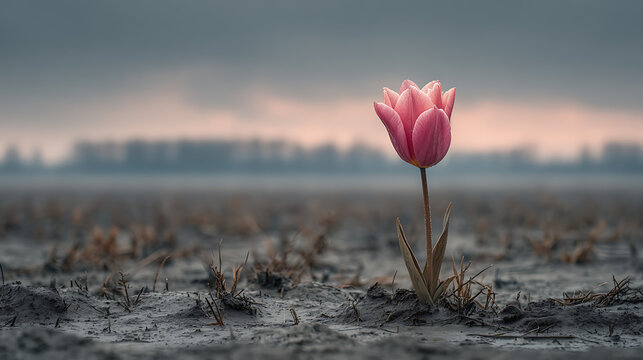 A vibrant pink tulip stands alone and resilient in a desolate, barren, muddy field under a somber, overcast sky, symbolizing hope, singularity, and survival.