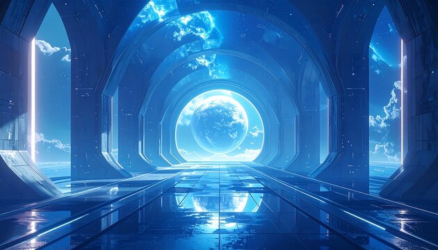 Futuristic blue tunnel with a celestial view