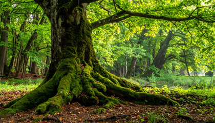 Majestic tree with sprawling roots and sunlit canopy in lush green landscape with dappled light and shadows.