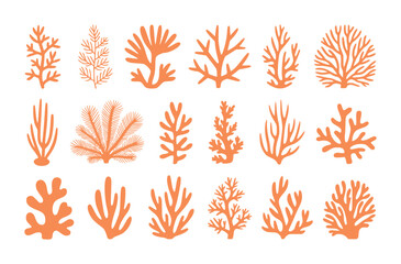 Collection of Orange Coral Silhouettes on White Background