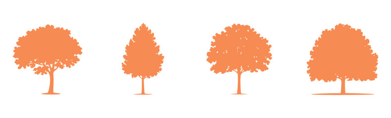 Four Orange Tree Silhouettes on a White Background