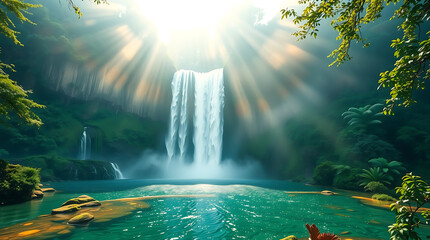 Majestic Jungle Waterfall with Mist and Sun Rays