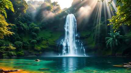 Majestic Jungle Waterfall with Mist and Sun Rays