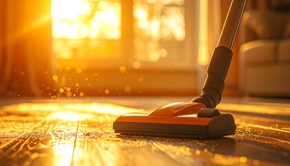 A vacuum cleaner in action, illuminating dust particles with a warm, natural light beaming from a sunlit room, with a wood floor