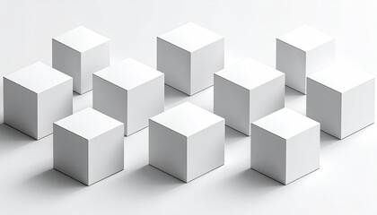Abstract arrangement of geometric white cubes on white; minimal background, space filling