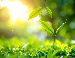 Fototapeta premium Fresh tea leaves emerging from a lush green tea plantation at sunrise