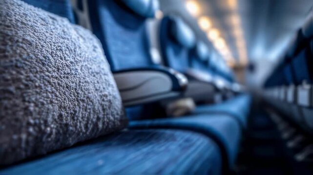 Empty blue seats with a small pillow inside a modern intercity bus during a night trip, showing the quiet and peaceful aisle with no passengers aboard, focusing on public transportation