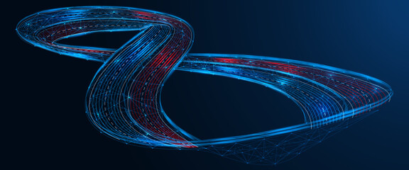 The road of infinity. The concept of an endless path, development and continuous progress. Low-poly design of interconnected lines and dots, blue background.