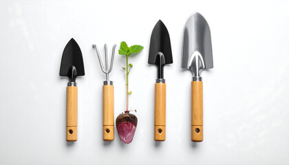 Gardening tools and small plant with bulb arranged neatly on white background for cultivation and planting.