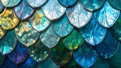 Iridescent teal and blue scales arranged in an overlapping pattern. Suitable for backgrounds, textiles, packaging design, and fantasythemed projects.