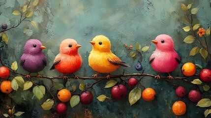 Four colorful birds on branch with berries