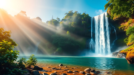 Majestic Jungle Waterfall with Mist and Sun Rays