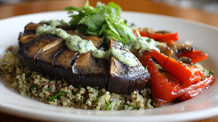 Gourmet plant-based meal featuring thick slices of grilled Portobello mushroom topped with a creamy green sauce, served over seasoned quinoa with roasted red peppers and vegetables.