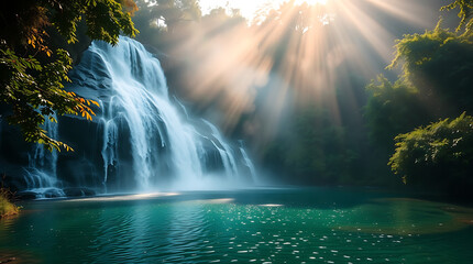 Majestic Jungle Waterfall with Mist and Sun Rays