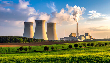 Nuclear power plant with four cooling towers emitting vapor, set in green rural landscape under blue sky.