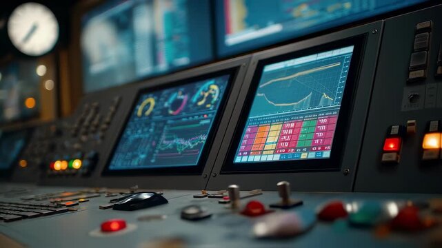 Modern control room console displaying complex data, graphs, and charts on multiple computer screens, representing a high tech data center, mission control, or security surveillance hub