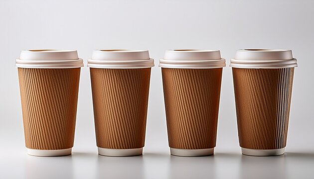 four disposable coffee cups with white lids arranged in a row showcasing eco friendly takeaway options on a white background