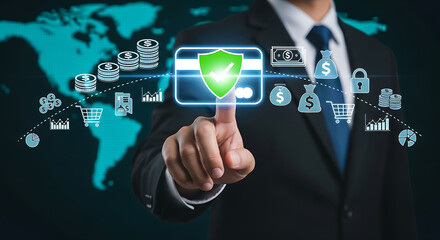 Businessman touching a digital card with shield icon symbolizing online secure payment, with financial icons surrounding a world map in the background.